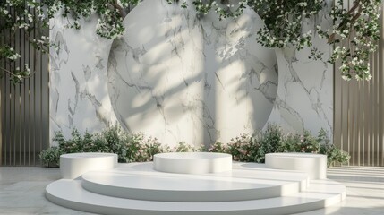 Minimalistic stone podium display stand with summer fashion abstract luxury design and leaf decor
