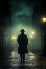 Silhouette of a Mysterious man wearing a black coat and top hat walking down city alley street alone. Private detective style. Cinematic noir historical 19th or 18th century man. Street lights. Foggy