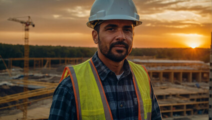 construction worker wearing hard hat stands on a construction site with the beautiful sunset behind