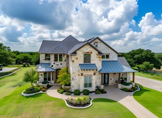 Beautiful two-story luxury home in the Texas hill country with landscaping and green grass, large front yard with driveway