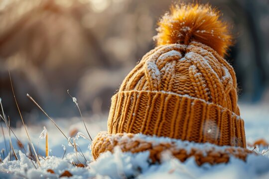 Yellow knitted hat on winter background