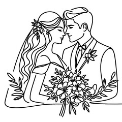 One line drawing illustration of lovely wedding ceremony, young married couple holding hands isolated on white background 