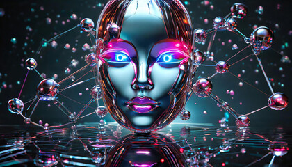 A woman's face with glowing neon eyes formed with shiny reflective liquid chrome surrounded by molecules representing artificial intelligence - obrazy, fototapety, plakaty