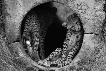 Mono cheetah cub in pipe with another