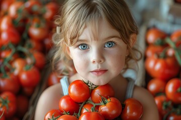 Fototapeta na wymiar A thoughtful young girl surrounded by fresh tomatoes, looking curiously at the camera
