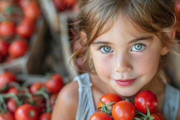 Fototapeta na wymiar Candid photo of a cheerful young girl with bright blue eyes, holding cherry tomatoes with a joyful expression