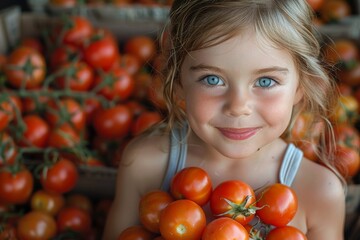 Fototapeta na wymiar A young girl with bright blue eyes smiling while holding fresh tomatoes in a greenhouse