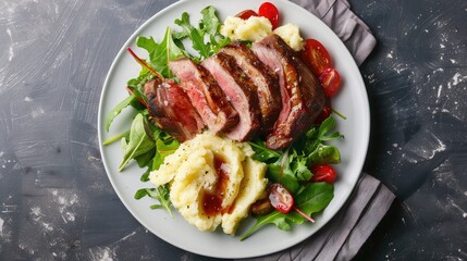 Juicy roasted meat, creamy mashed potatoes, and crisp salad greens arranged elegantly on a white plate, captured from above. Succulence meets freshness.