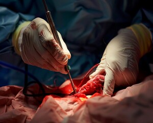 During thrombectomy a surgeon meticulously clears a blockage