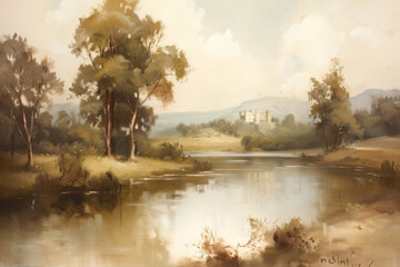 Vintage Castle Oil Painting - Beautiful Landscape and natural Colors