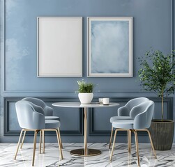 Modern dining room with a marble table and chairs, two empty poster frames on the wall, blue and white color scheme