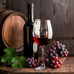 Elegant Glass of Red Wine with Bottles and Corkscrew on Rustic Table, Ideal for Dining and Wine-Tasting Themes