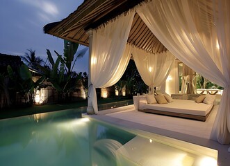 Beautiful villa in Bali with a swimming pool and outdoor living area at night