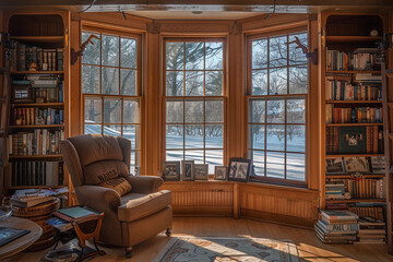 Reading nook bathed in sunlight within a cozy bay window alcove.