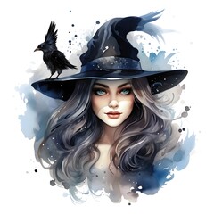 Elegant Black Witch Conjuring Dark Magic with Raven Feathers in Her Hat in a Shimmering Watercolor - obrazy, fototapety, plakaty