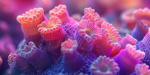 A close-up of vividly colorful sea anemones underwater, giving a sense of marine diversity and the beauty of ocean life