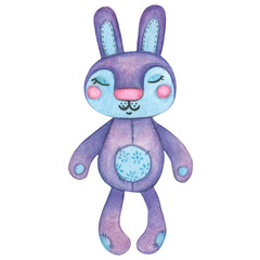 Purple plush bunny sleeping, watercolor illustration on a white background. Hand drawn in children's style. For children's cards, posters, stickers. Children, kid, sleep, dreams, fairy tale, hare