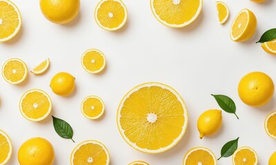 Summer background, oranges and lemons on a white background top view