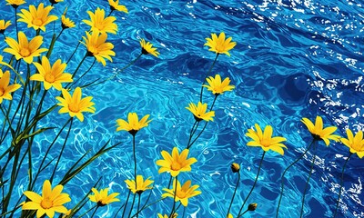 Yellow flowers on a background of blue water