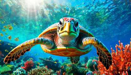Obraz premium Close-up and front view of a beautiful sea turtle swimming gracefully underwater in a vibrant coral reef. Generative Ai.