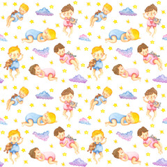 Children sleep among clouds and stars. Hand drawn watercolor illustration by children. Pattern on a white background.