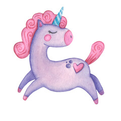 Hand drawn watercolor illustration. Purple unicorn, pink heart