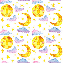 Pattern, children's watercolor illustration. Moon, stars, clouds, dreams,