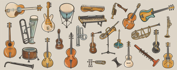 Vintage Assortment of Musical Instruments Illustration - obrazy, fototapety, plakaty