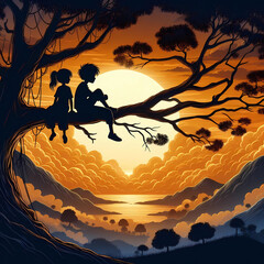 girl and boy tree branch sunset