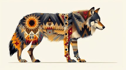 block print style wolf illustration, capturing the spirit of the animal with bold patterns and a mysterious demeanor