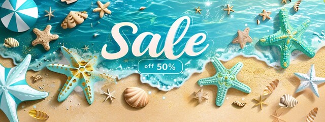 Sale Summer. Trendy Summer design with typography Sale off 50% 3d refreshing summer sale template with cute beach object and swimming pool. Concept of island vacation