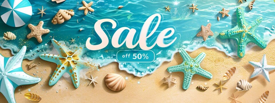 Sale Summer. Trendy Summer design with typography Sale off 50% 3d refreshing summer sale template with cute beach object and swimming pool. Concept of island vacation