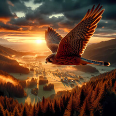 falcon flying high rural landscape