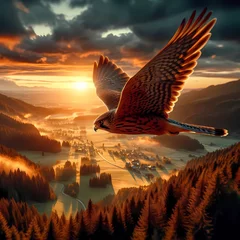 Papier Peint photo Brun falcon flying high rural landscape