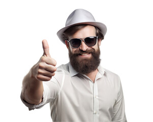 handsome brunette man with beard with thumb up