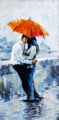 oil painting of a couple in love under an umbrella in the rain, Romantic mood. Rainy autumn weather.  - 777230972