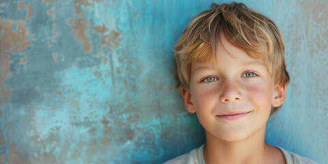 A cheerful young boy with bright eyes and a gentle smile stands before a textured blue wall, radiating innocence
