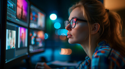 An immersed editor with glasses examines footage on multiple screens, surrounded by the ambient glow of her creative studio