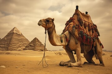 Camel resting in front of the pyramids.