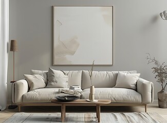 Beige sofa in a cozy home interior of a modern living room with elegant personal accessories, a mock up wall art frame and coffee table