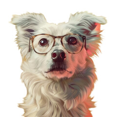 Portrait of a white canine wearing glasses