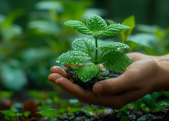 Hands holding a young plant with water drops. Environment conservation concept.