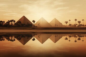 Reflection of the pyramids in a nearby pond. - obrazy, fototapety, plakaty