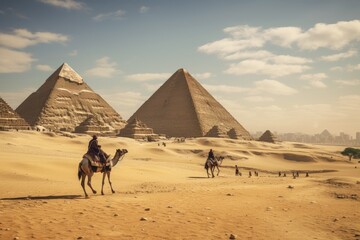 Visitors riding horses around the pyramids. - obrazy, fototapety, plakaty
