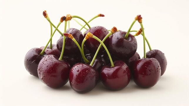 cluster of fresh cherries, capturing the glossy skin, deep red hues, and stems with precision
