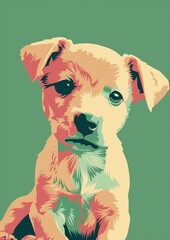 minimalistic illustrated poster of a small puppy isolated on green background - obrazy, fototapety, plakaty
