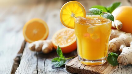 Close shot of orange and ginger detox drink kept on a white surface with space for text or product advertisement, Generative AI. - obrazy, fototapety, plakaty