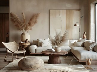 Beige sofa in a modern living room interior with a designed armchair and wooden table, decorative elements like a beige rug, vases of pampas grass, abstract paintings on the wall