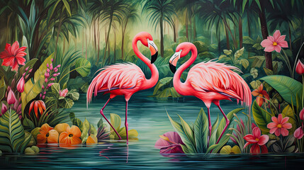 Tropical Oasis: Pair of Pink Flamingos in Lush Lake Surroundings - obrazy, fototapety, plakaty