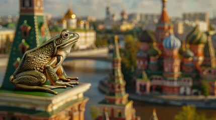 In the heart of a bustling city, a frog perches atop surveying the urban landscape with curiosity in its eyes. - obrazy, fototapety, plakaty
